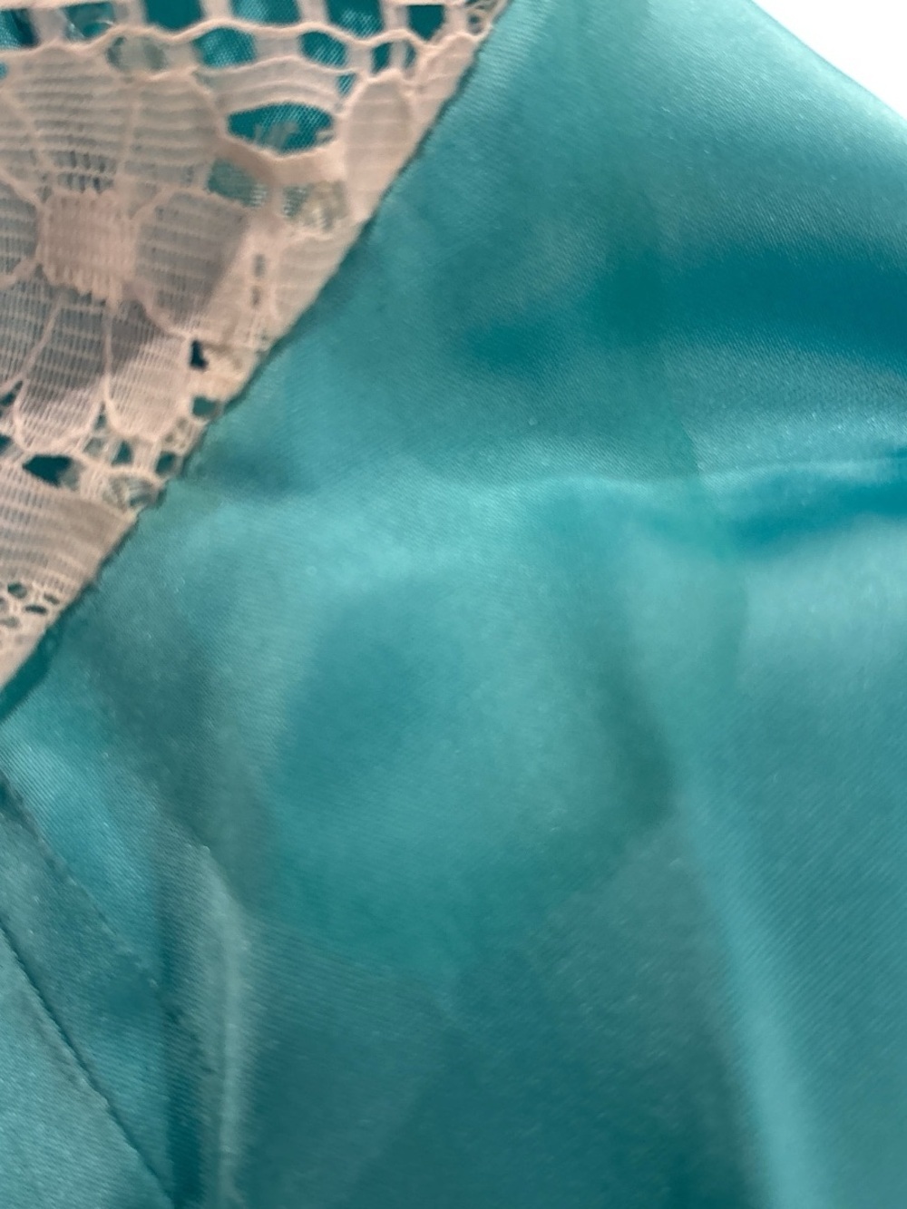 70s HANDMADE SATIN TURQUOISE BLUE SQUARE NECK MAXI DRESS LACE 3/4 SLEEVES & SASH - Picture 8 of 8